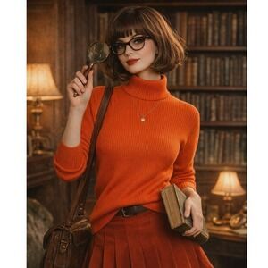 Vintage Burnt Orange Ribbed Turtleneck Sweater Back Zip Mock Neck Romania 34